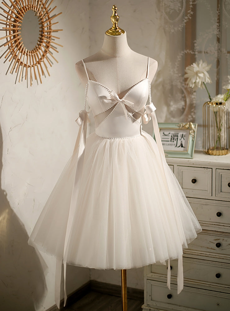 Ivory Tulle Satin Spaghetti Straps Pearls Homecoming Dress