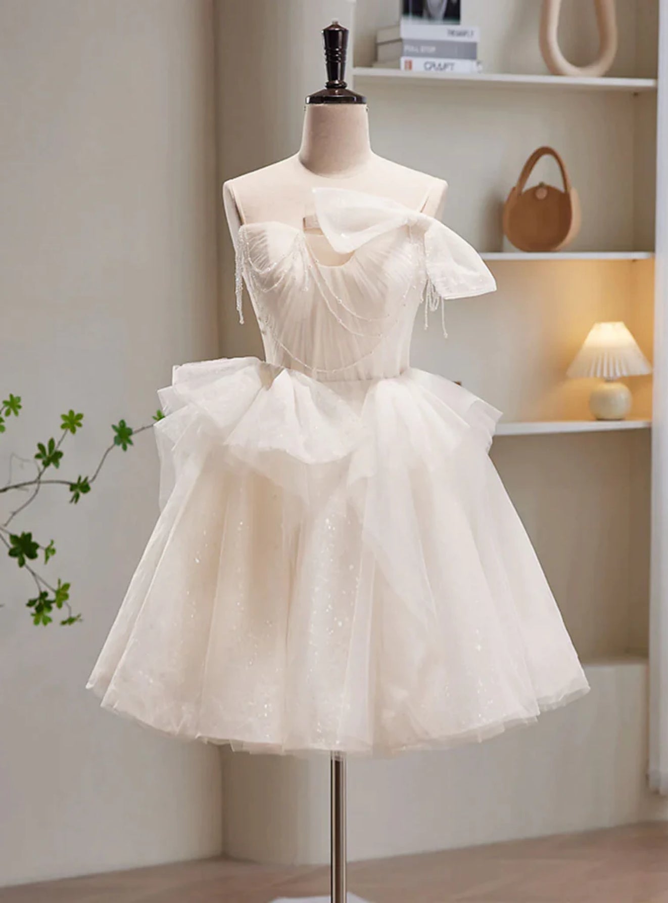 Ivory Tulle Sequins Strapless Pleats Bow Homecoming Dress