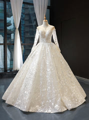 Ivory White Ball Gown Sequins Appliuqes Long Sleeve Backless Wedding Dress