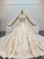 Largest Luxury Champagne Ball Gown Tulle Appliques Beading Off the Shoulder Wedding Dress