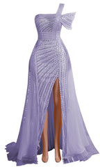 Lavender Off Shoulder Mermaid Prom Dresses Luxurious Silver Bead Trumpet Formal Dresses