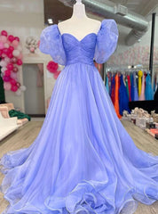 Lavender Square Neck Puff Sleeve Pleats Prom Dress