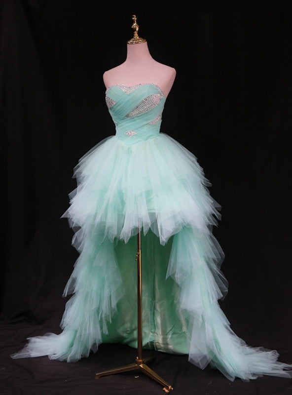 Light Blue Tulle  Strapless Beading Prom Dress