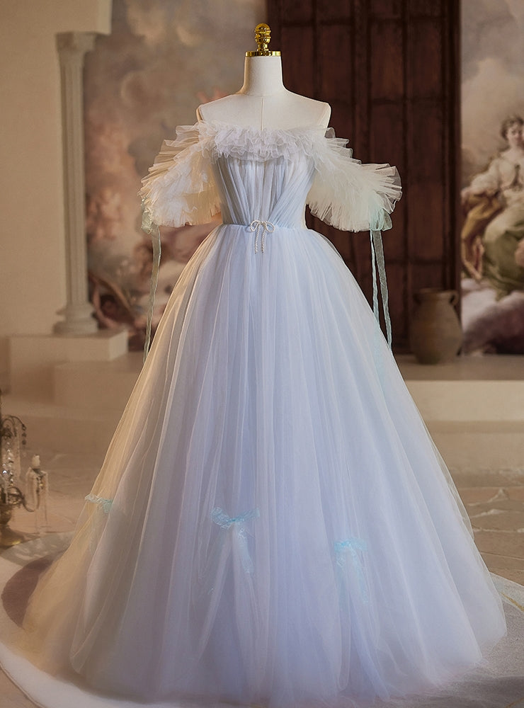 Light Blue Tulle Off the Shoulder Pleats Prom Dress