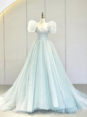 Light Blue Tulle Sequins Puff Sleeve Prom Dress