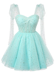 Light Blue Tulle Sequins Straps Homecoming Dress