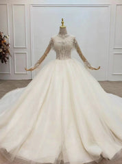 Light Champagne Ball Gown Tulle High Neck Long Sleeve Wedding Dress