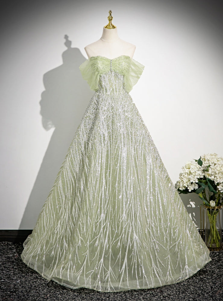 Light Green Tulle Sequins Beading Prom Dress