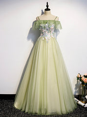 Light Green Tulle Spaghetti Straps Appliques Prom Dress