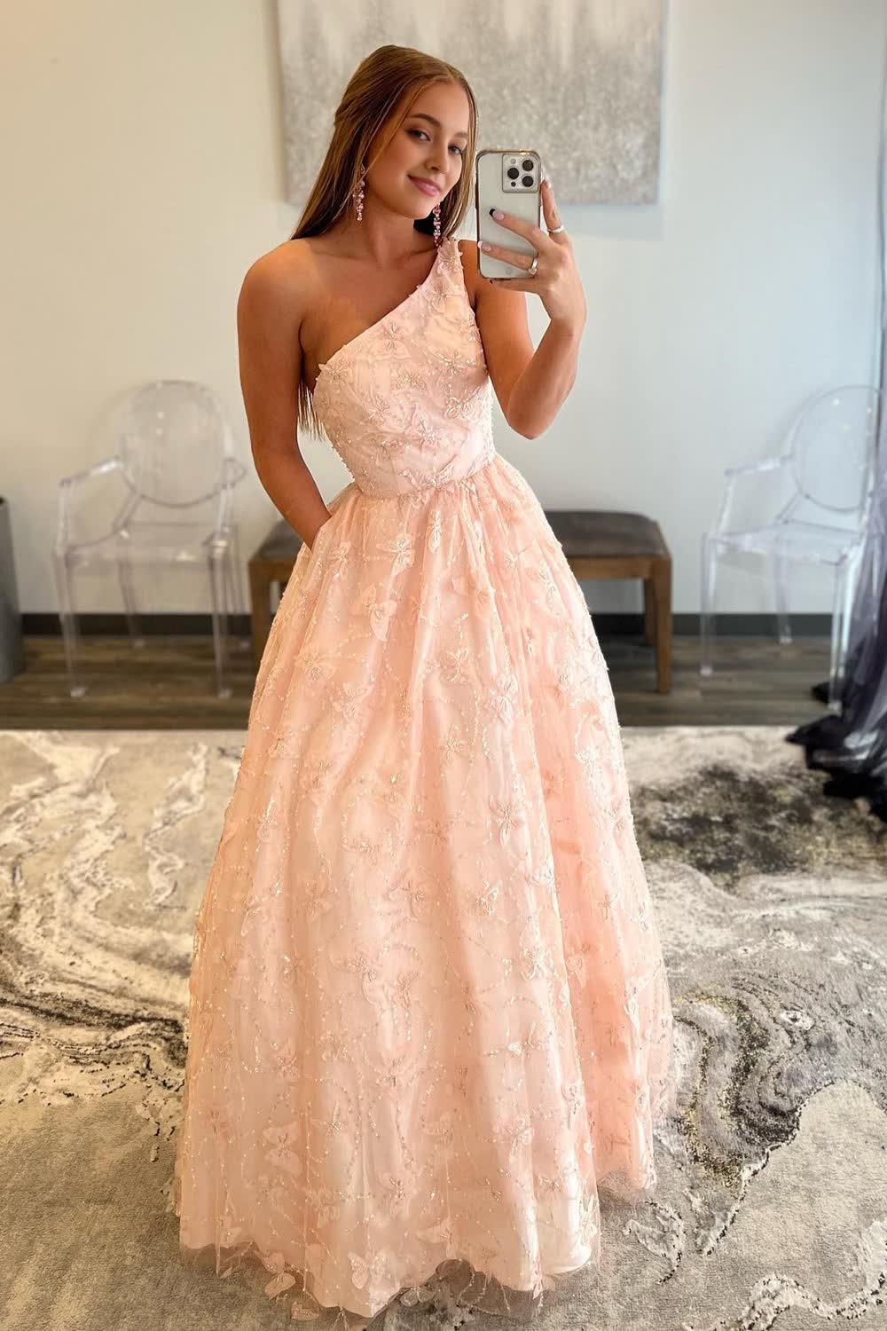 Light Pink One Shoulder Appliques Prom Dress with Pockets