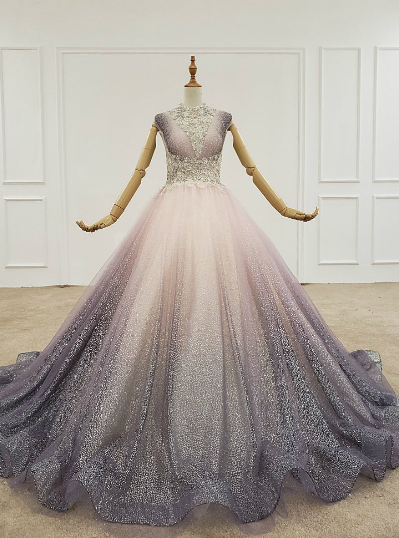 Light Purple Ball Gown Tulle Sequins Pleats Wedding Dress With Beading Crystal