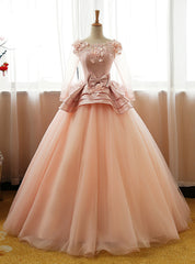 Long Prom Dress Party Gown 3D Floral Flower Long Sleeves Puffy Tulle