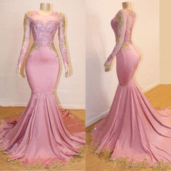 Long Sleeves Round Collar Mermaid Prom Dress Sequins Pink Long Chiffon