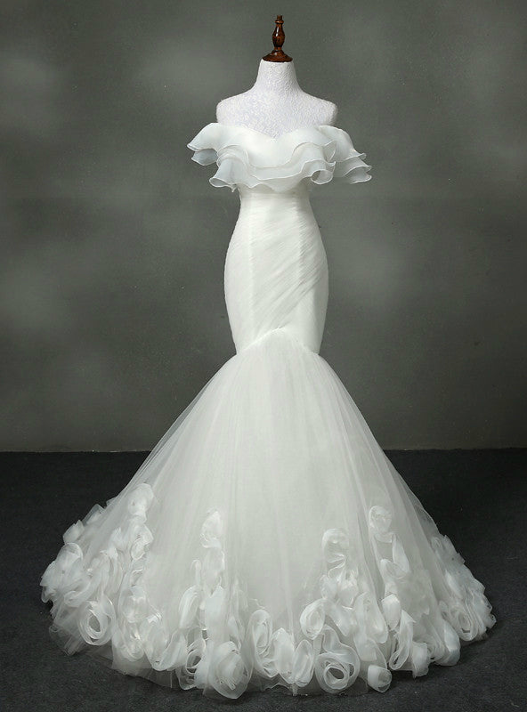 Luxurious Strapless Wedding Dress Mermaid Real Photo Tulle With Ruffles