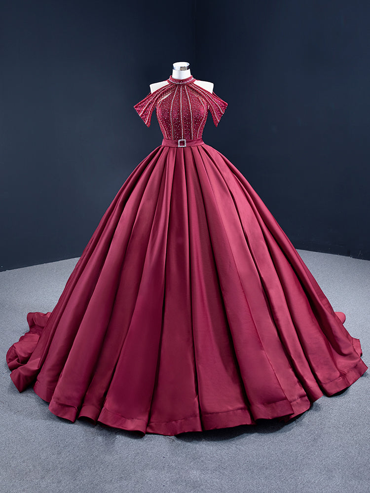 Luxury Burgundy Satin Halter Beading Prom Dress