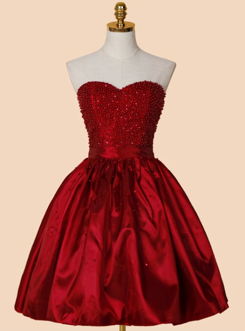 Marvelous A-line Sweetheart Above-knee Red Stretch Satin Homecoming Dress with Beading