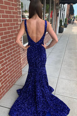 Mermaid Blue V-Neck Sequins Long Prom Dress