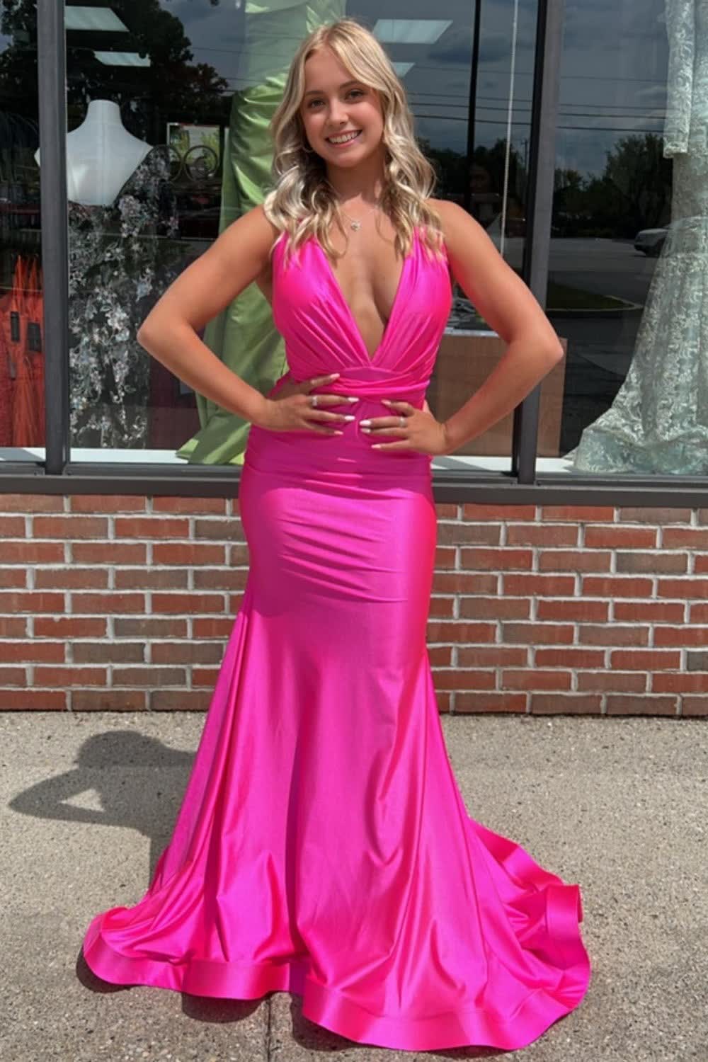 Mermaid Deep V Neck Hot Pink  Long Prom Dress with Backless