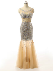 Mermaid Golden Beading Sequins Backless Tulle Formal Prom Dress