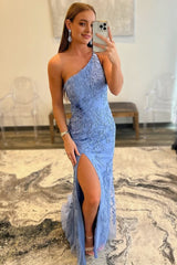 Mermaid One Shoulder Lace Long Prom Dress with Slit