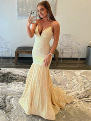 Mermaid Orange V Neck Sequins Prom Dress