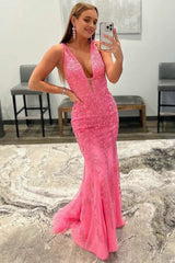 Mermaid Plunge V Neck Lace Prom Dress