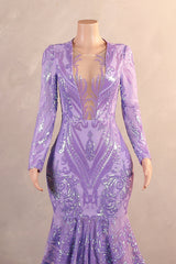 Mermaid Prom Dresses High Neck Long Sleeve Purple Sparkly Sequin Mermaid Long Evening Dresses