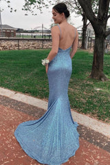 Mermaid Spaghetti Straps Light Blue Sequins Backless Long Prom Dress