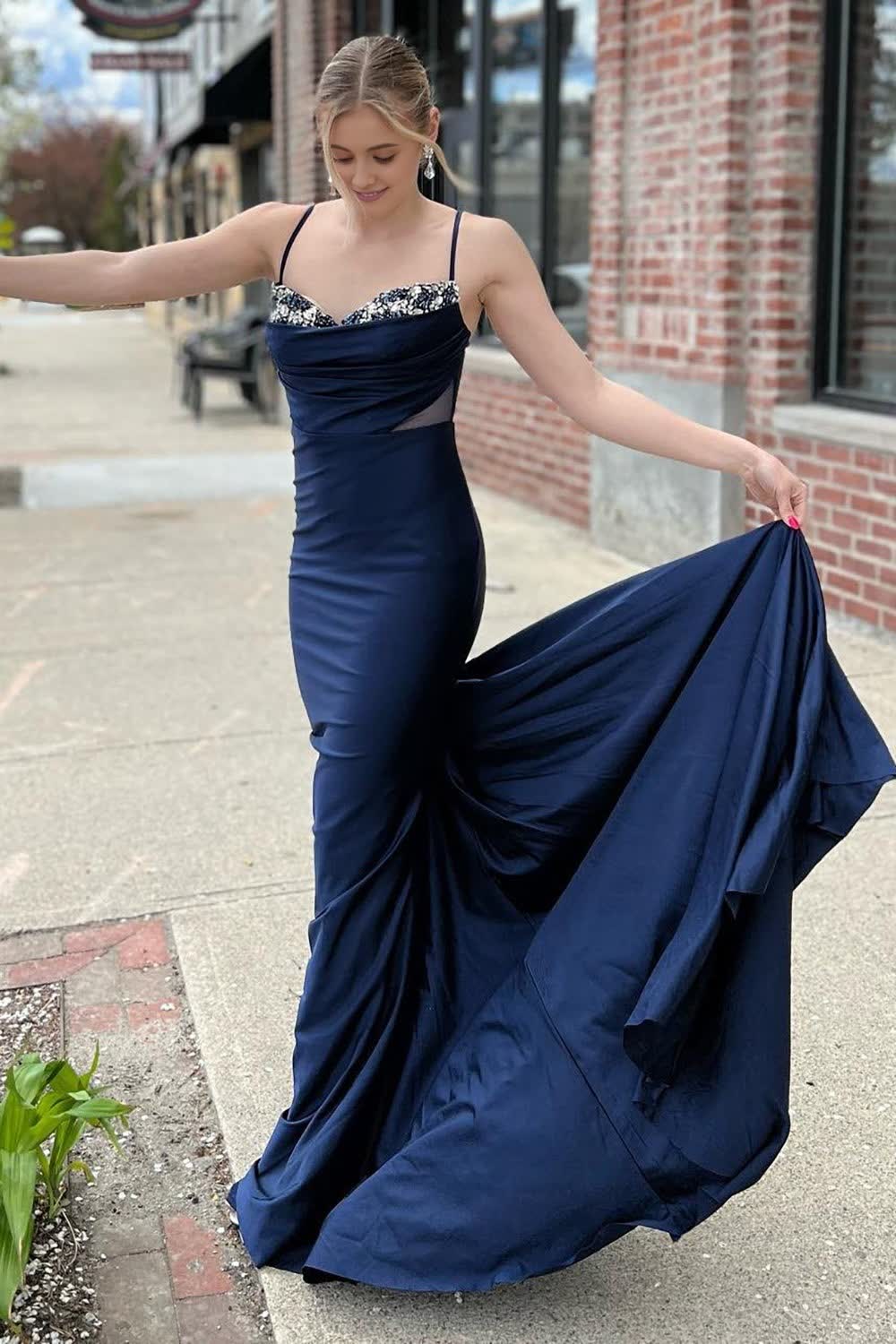 Mermaid Spaghetti Straps Navy Long Prom Dress with Sweep Train