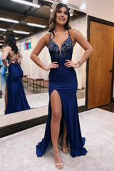 Mermaid Spaghetti Straps Satin Prom Dress with Beading