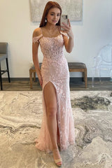 Mermaid Spaghetti Straps Sequined Lace Prom Dress with Slit