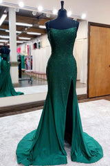 Mermaid Spaghettti Strap Beaded Satin Prom Dress with Slit