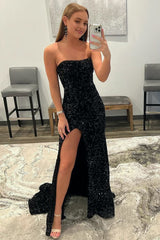 Mermaid Strapless Sequins Long Prom Dress with Slit