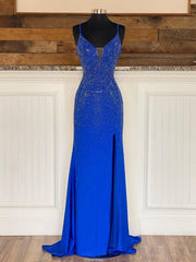 Mermaid V Neck Beaded Jersey Prom Dress with Slit