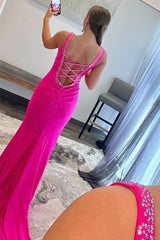 Mermaid V-Neck Beaded Satin Prom Dress with Cross Back