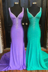 Mermaid V-Neck Beaded Satin Prom Dress with Cross Back