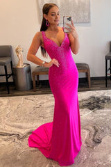 Mermaid V Neck Hot Pink Long Prom Dress with Beading