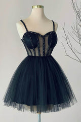 Navy Blue A line Sweetheart Tulle Beads Short Homecoming Dress Party Gown