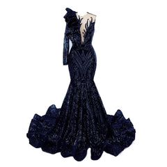 Navy Blue Mermaid One Sleeve Prom Dresses Sequined Lace Jewel Ruffles Evening Party Dress with Appliques