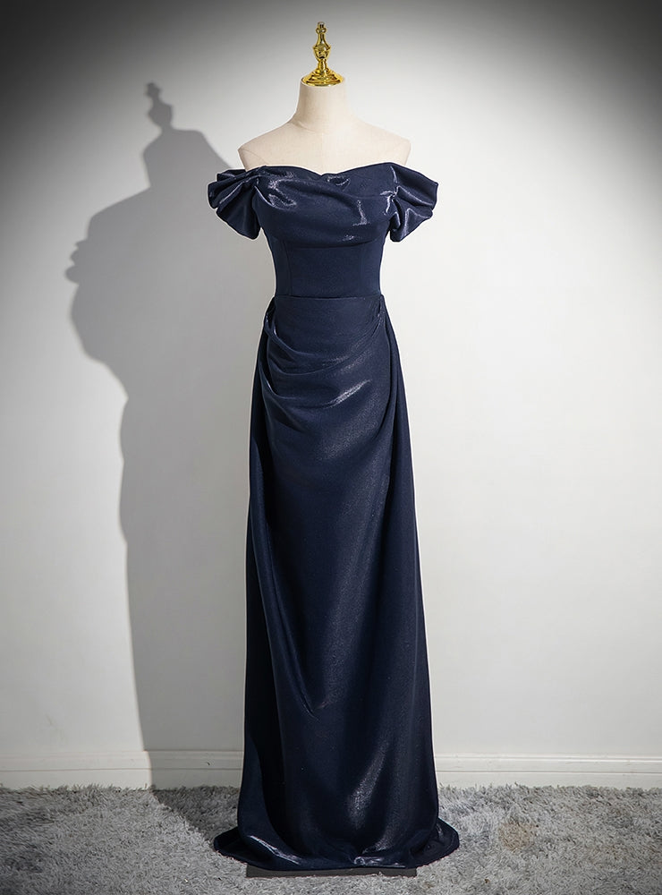 Navy Blue Off the Shoulder Pleats Prom Dress