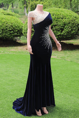 Navy Blue Prom Dresses Bodycon Velvet Long Formal Dresses with Embroidered Beadings