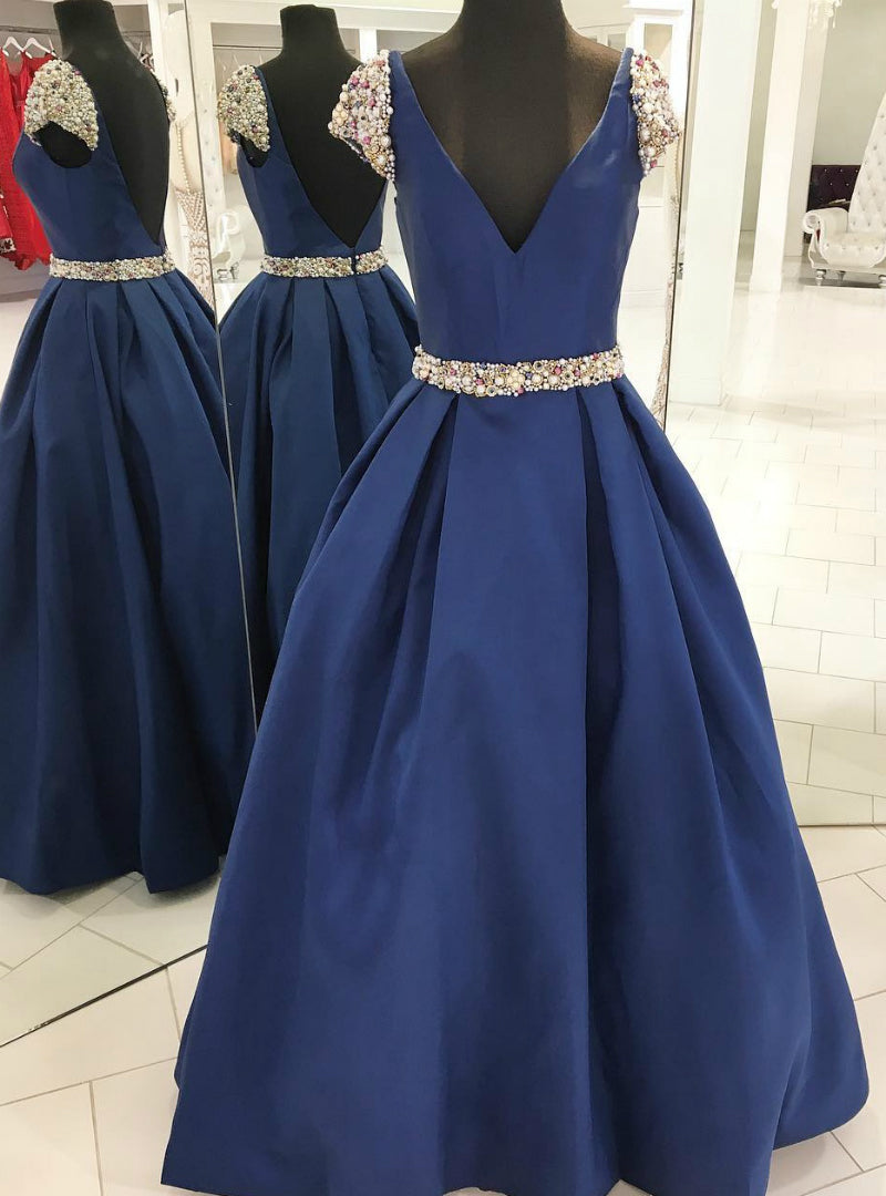 Navy Blue Satin Deep V--neck Backless Cap Sleeve Beading Prom Dress