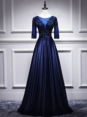 Navy Blue Satin Short Sleeve Appliques Beading Prom Dress