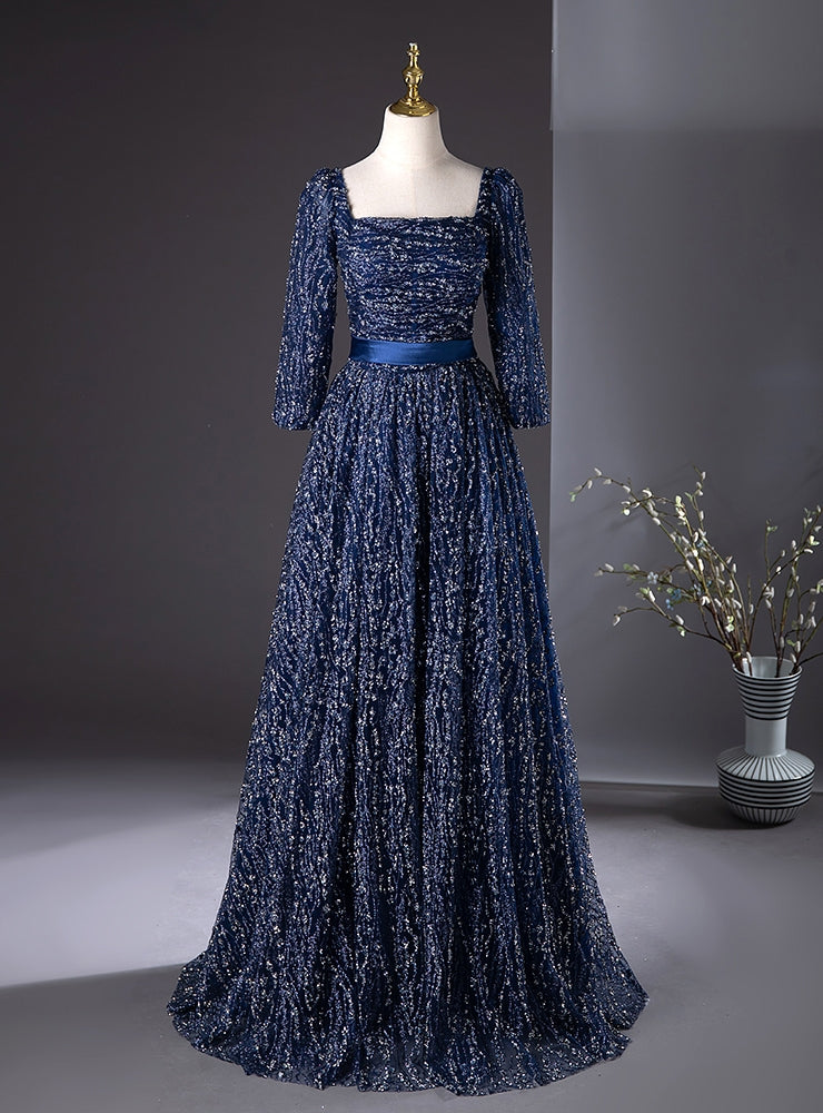 Navy Blue Sequins Long Sleeve Square Prom Dress