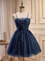 Navy Blue Tulle Spaghetti Straps Beading Homecoming Dress