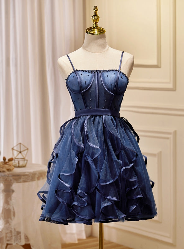 Navy Blue Tulle Spaghetti Straps Pearls Homecoming Dress