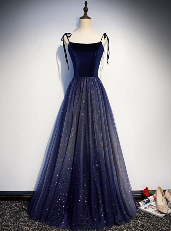 Navy Blue Tulle Spaghetti Straps Sequins Prom Dress