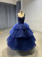 Navy Blue Tulle Straps Tiers Beading Short Prom Dress