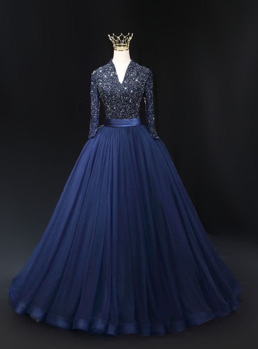 Navy Blue Tulle V-neck Long Sleeve Beading Prom Dress