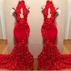 New Arrival Red Keyhole Mermaid Flowers Halter Sleeveless Long Prom Dresses